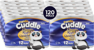 Panda Cuddle 3‑Ply Quilted Toilet Paper – Ultra Soft & Gentle Bulk Loo Rolls, Bulk Bathroom Tissue - Maxi Value Pack of 120 Rolls, Sustainable Gentle Bathroom Tissue, Unscented